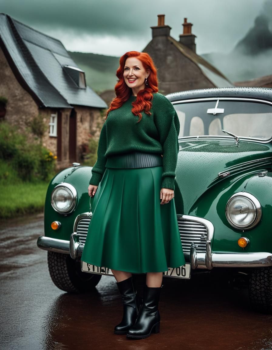 Elegant Woman Posing with Classic Car in Rainy Village Scene