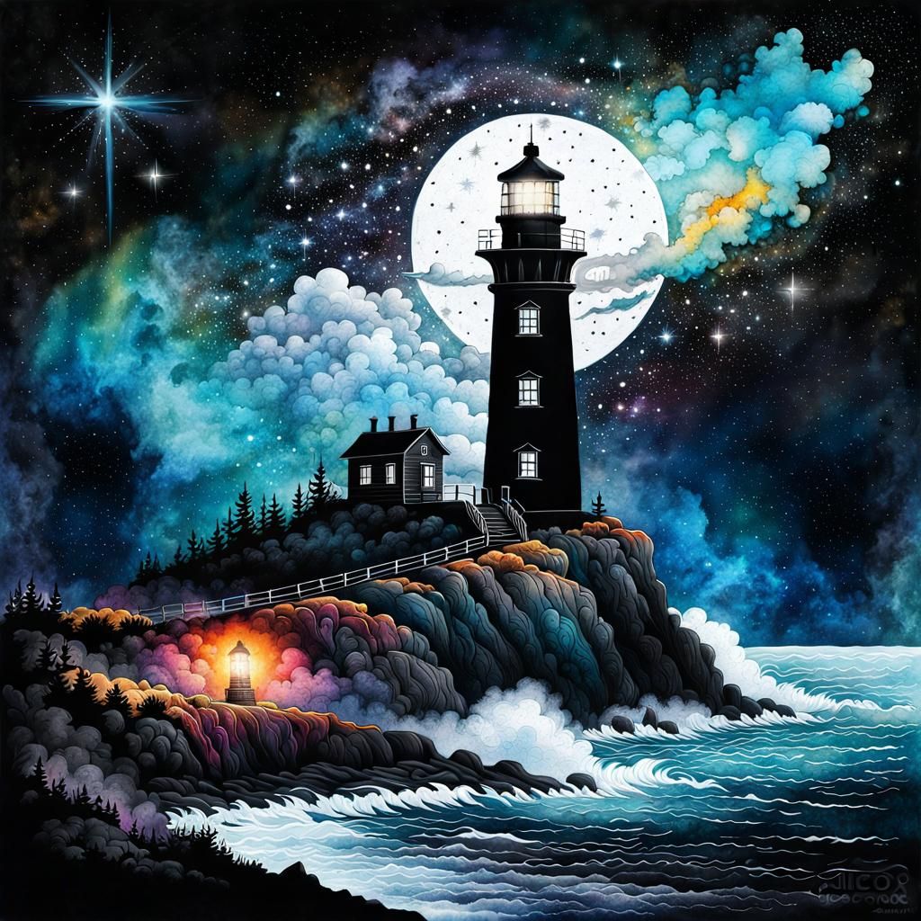 Lonely Lighthouse Under Cosmic Star-Nebulas