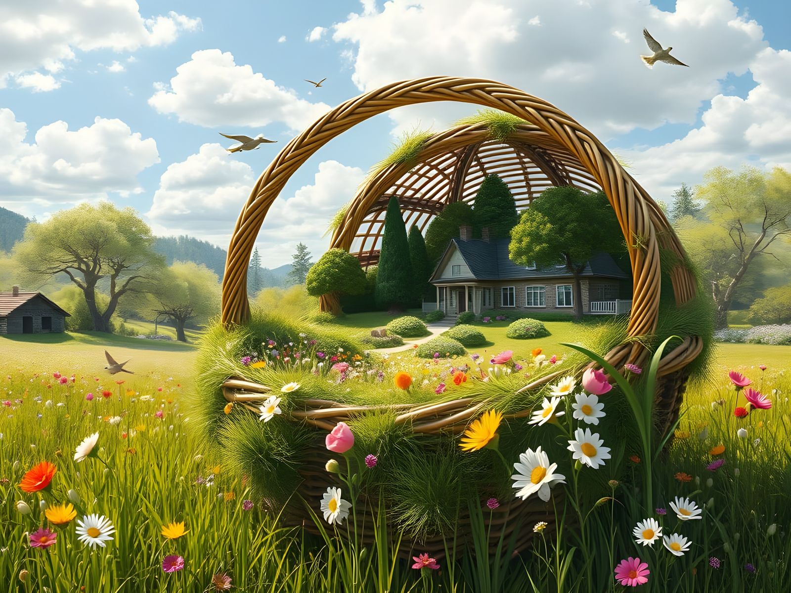 Whimsical Spring Scene with Wicker Basket and Embroidered Me...