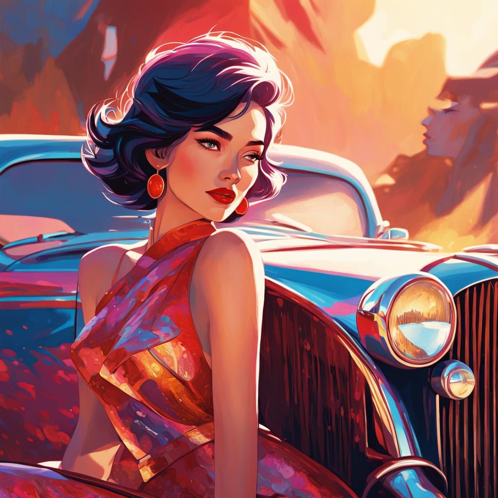 Marinette Dupain-Cheng with Vintage Car, Digital Art
