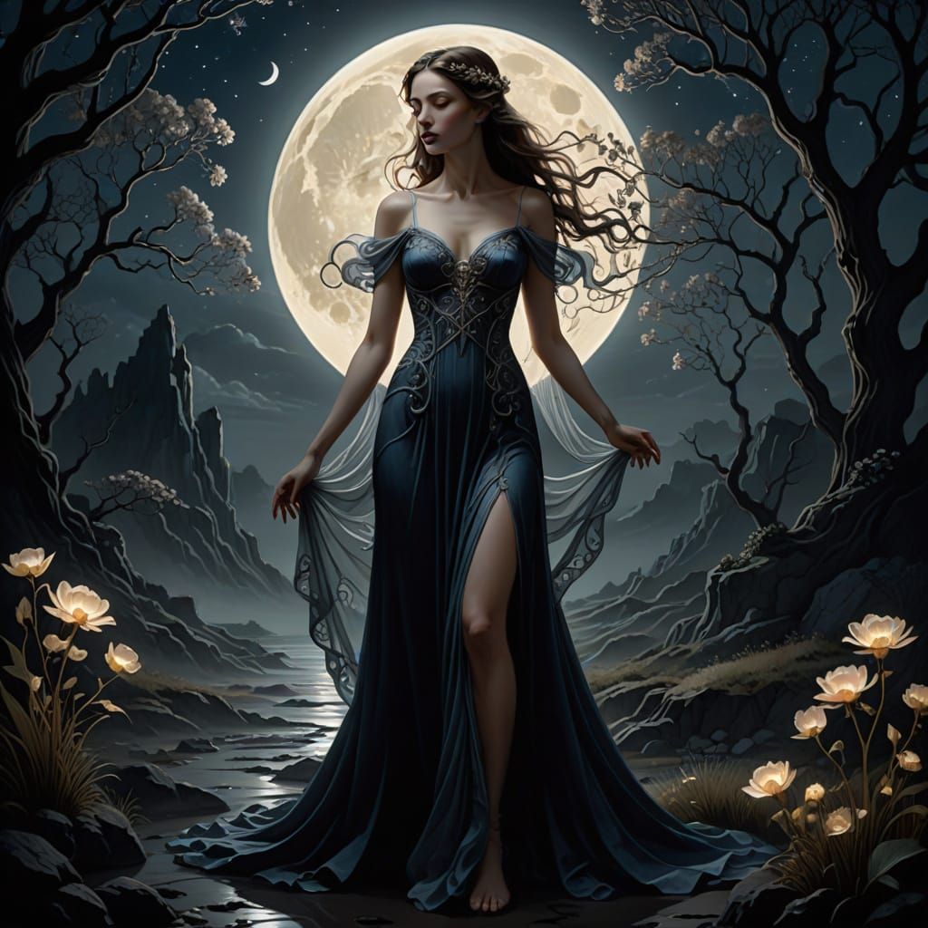 Mystical Woman in Dreamlike Art Nouveau Landscape