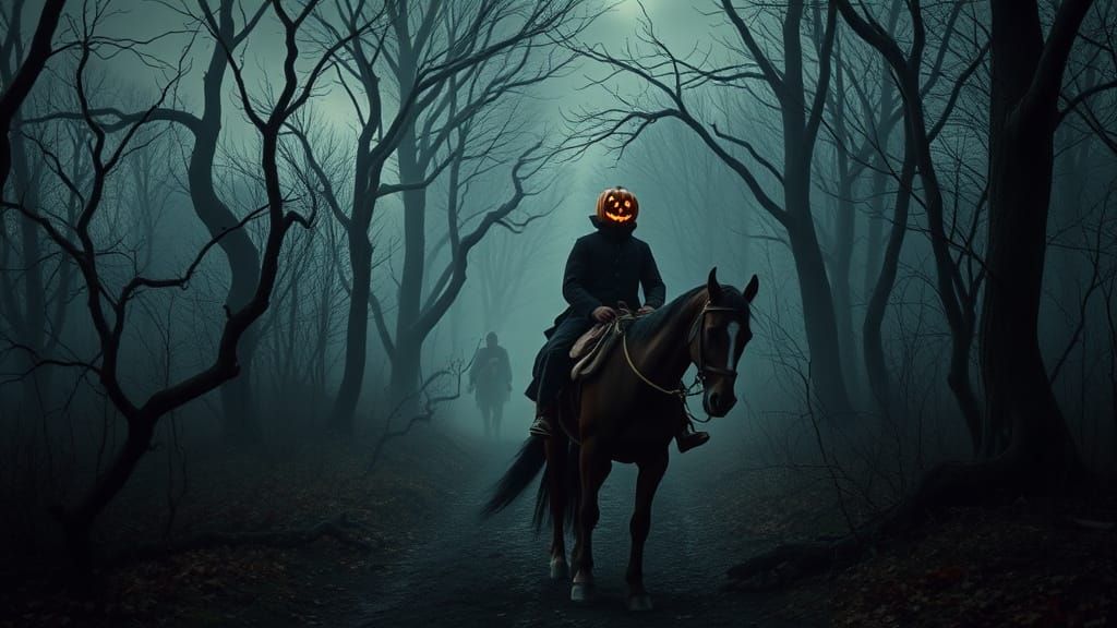 Eerie 18th Century Forest Scene with the Headless Horseman