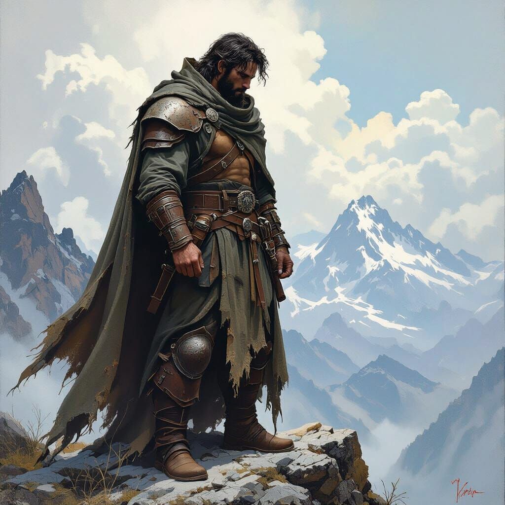 Brooding Man on Mountain Peak in Fantasy Art Style