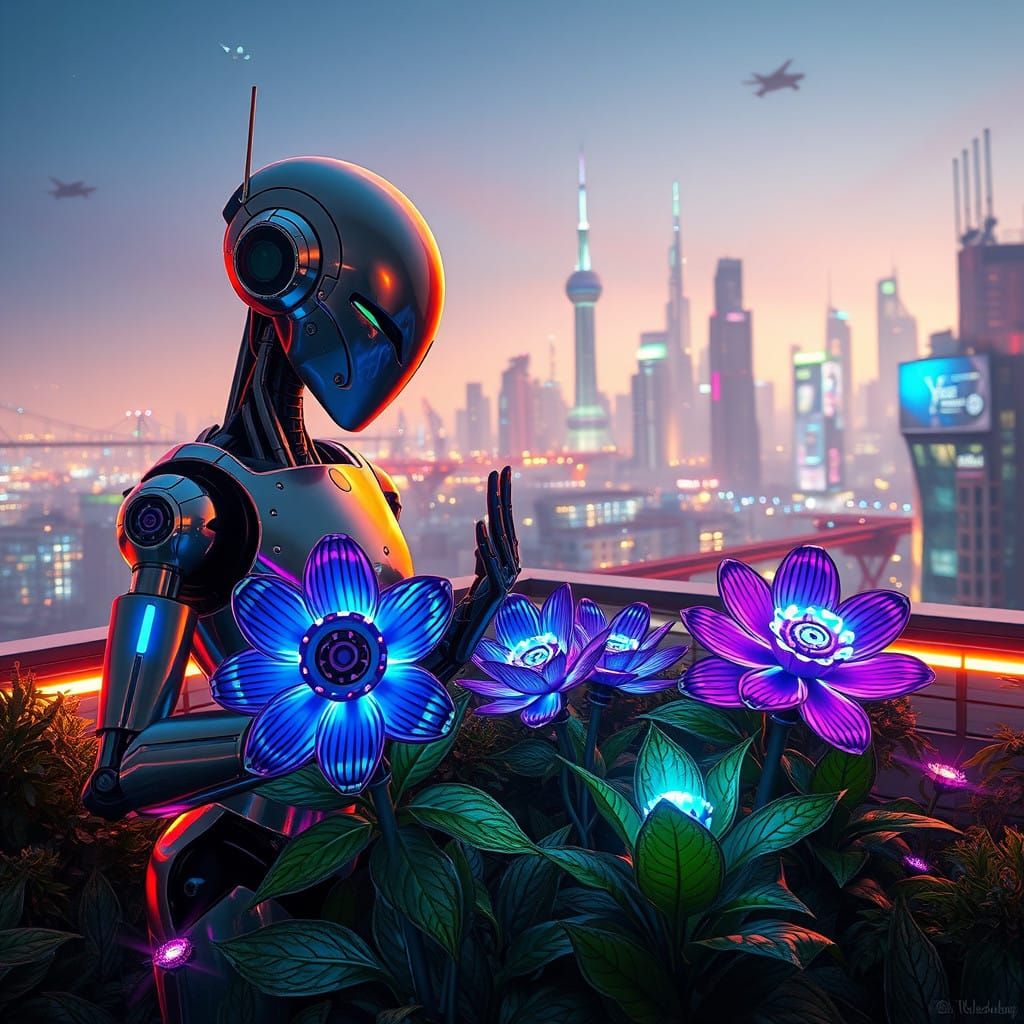 Humanoid Droid Tends Futuristic Rooftop Garden in Neon Color...