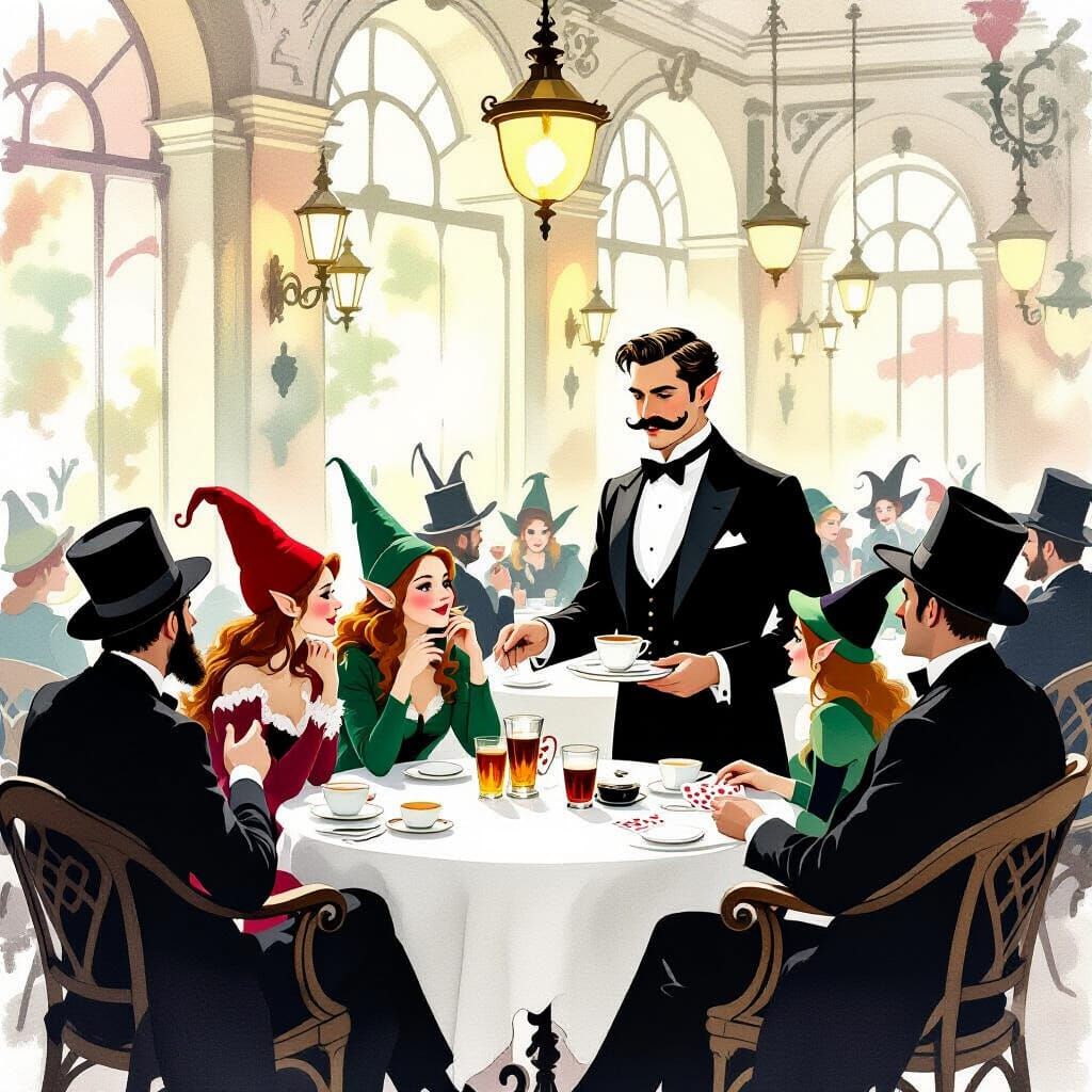 Whimsical Vienna Coffee House with Elves and Goblins