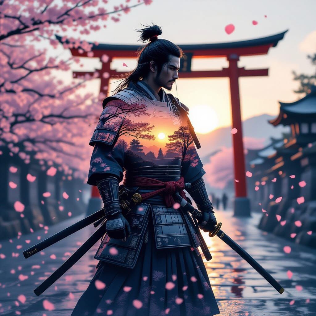 Samurai Silhouette With Cherry Blossom Grove Double Exposure
