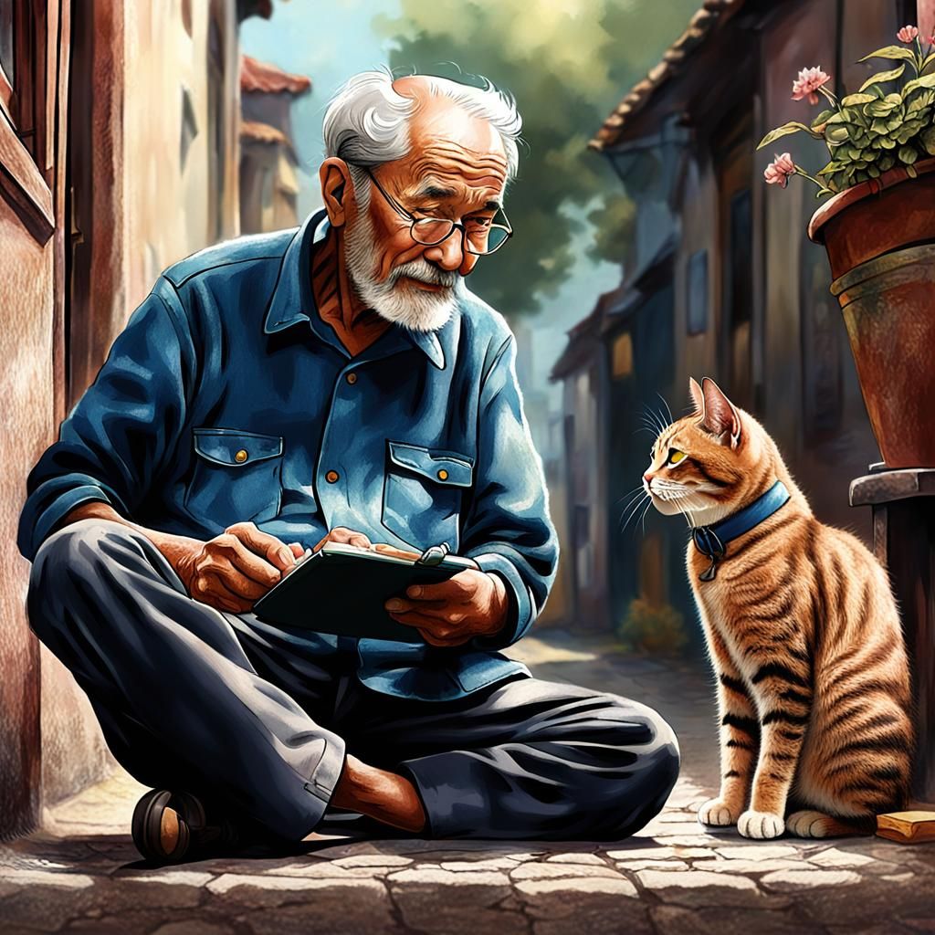 Old Man and a Cat Image