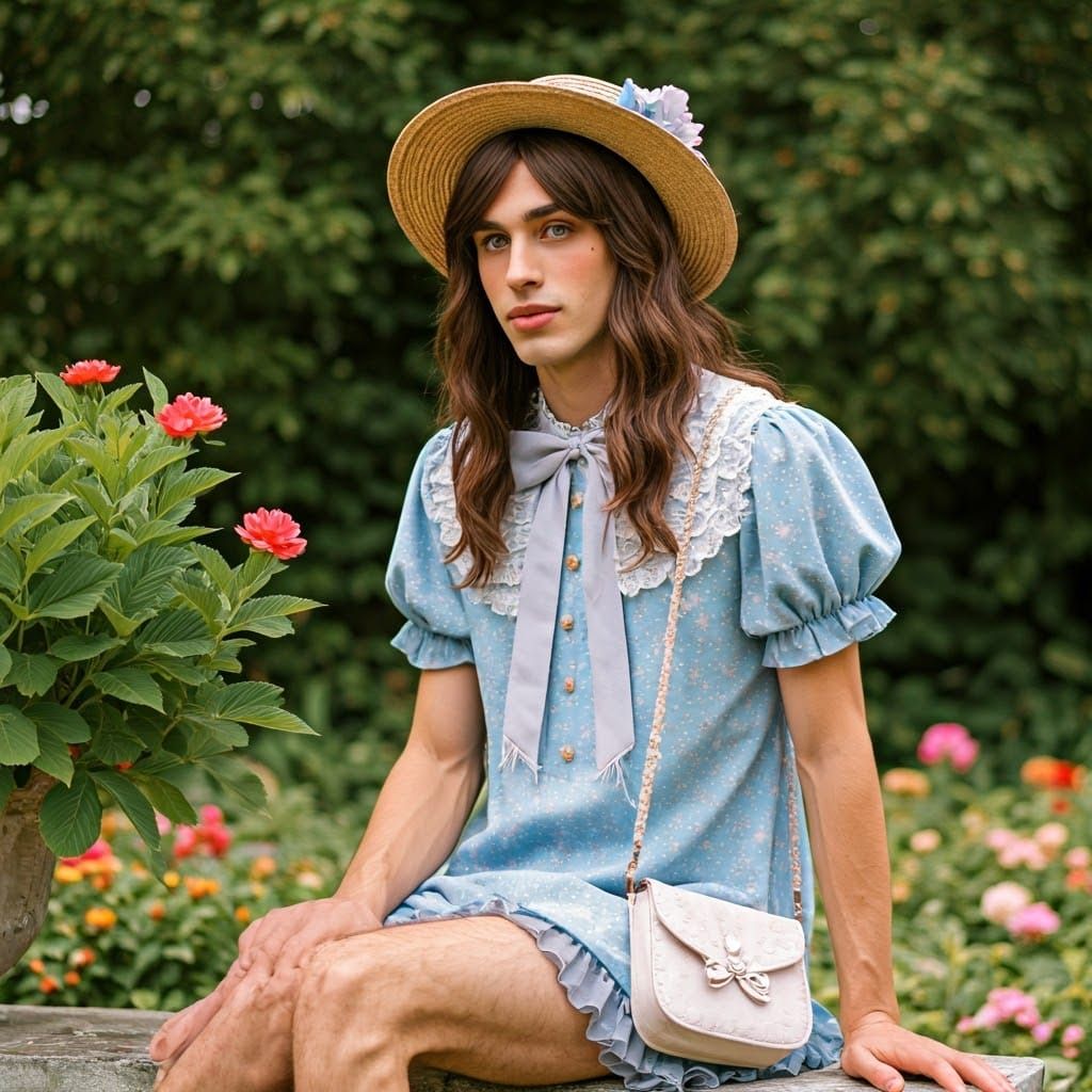 Feminine Young Man in Whimsical Garden Scene