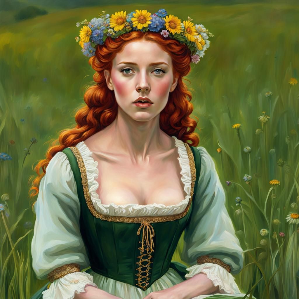 Waterhouse-Style Maiden with Flower Crown on Meadow