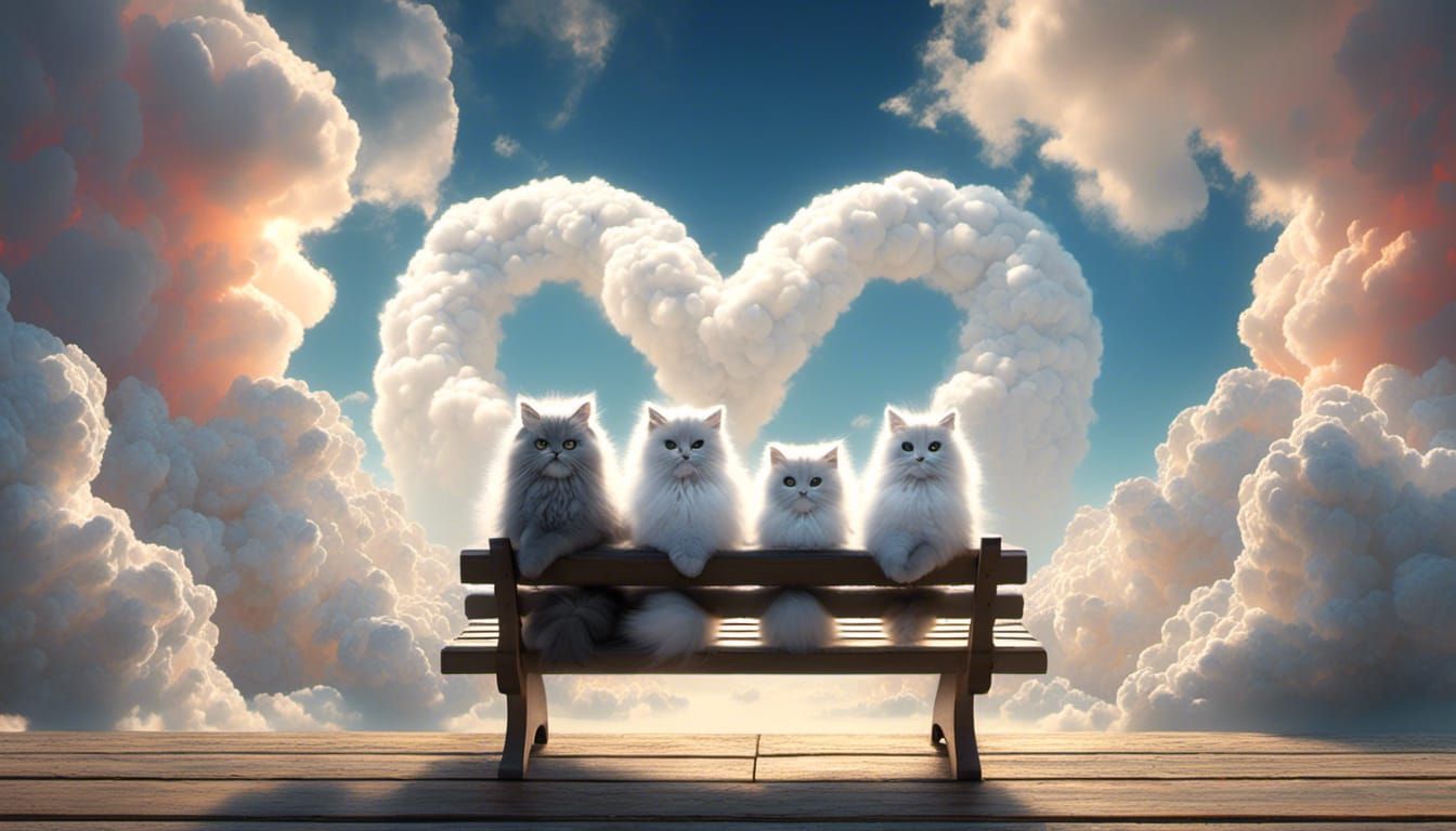 <lora:Cloud Animals:1.0> cats on a heart shaped bench,fluffy clouds