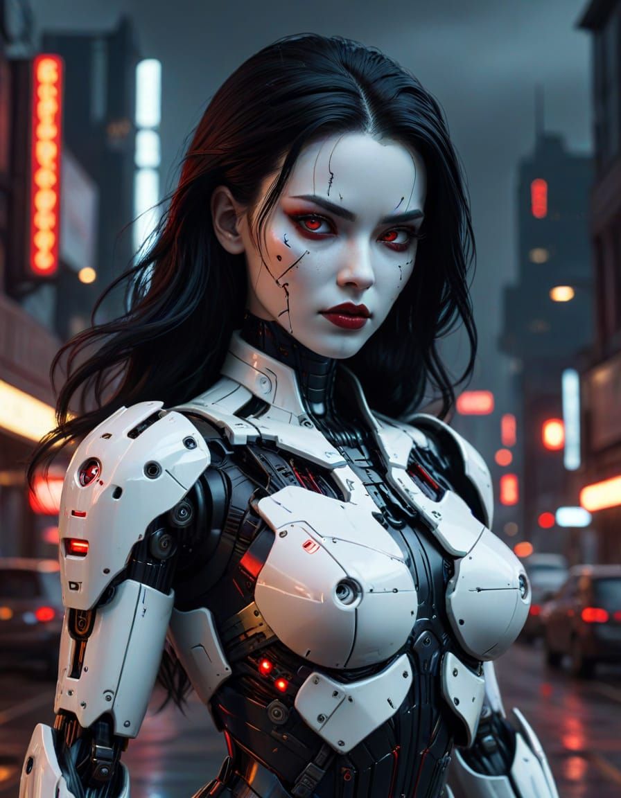 Hyperrealistic Android Posing in Moody Cyberpunk City