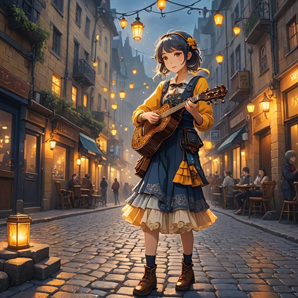 Anime Girl Busking with Concertina in Whimsical Style