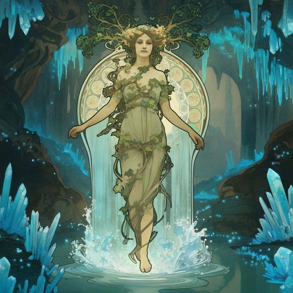 Dryad Emerges from Waterfall Portal: Art Nouveau