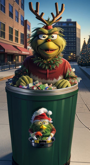 Surreal Grinch in Mysterious Trash Can Scene