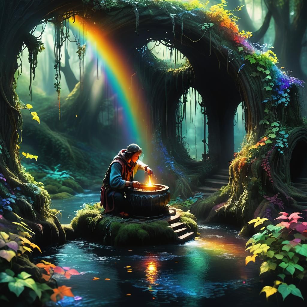 Traveler at Glowing Well in Rainbow Forest