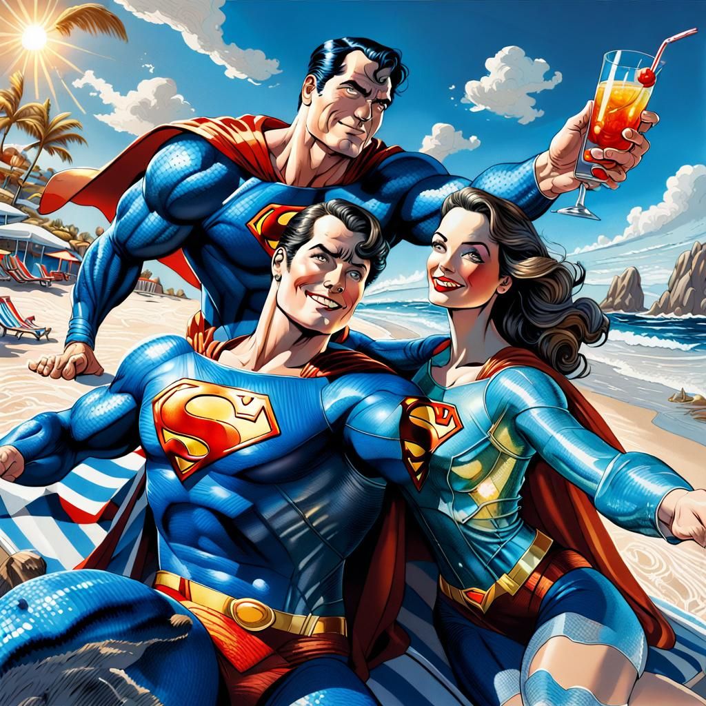 insanely detailed Superman with Lois Lane, Superman taking a selfie of them, they are holding cocktails, whilst lying on...