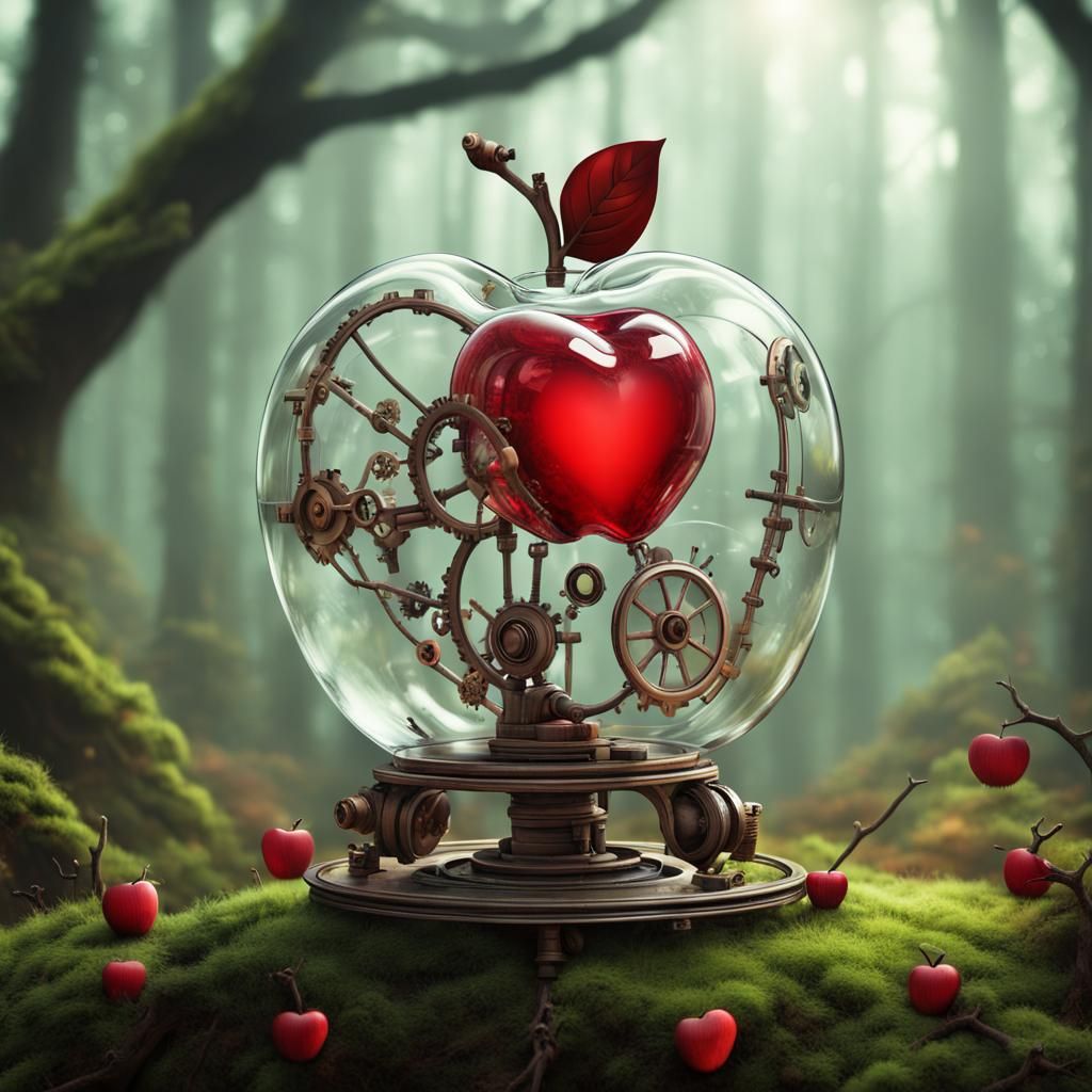 Glass Apple with Heart in Fantasy Forest