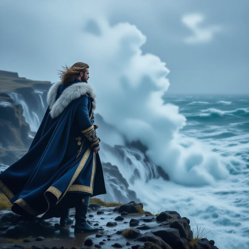King on Windswept Cliff Overlooking Crashing Waves