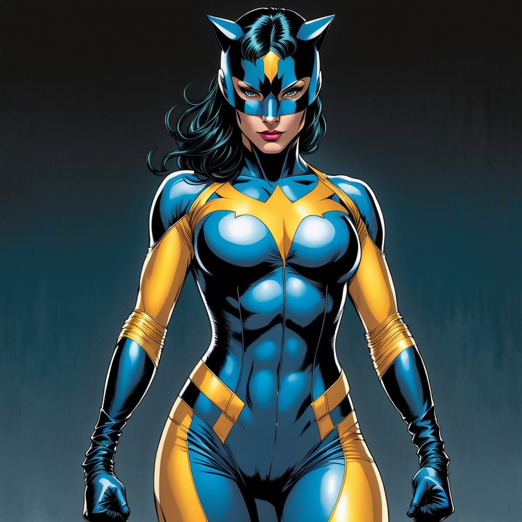 Fierce Yellow and Black Tiger-Striped Superheroine with Retr...