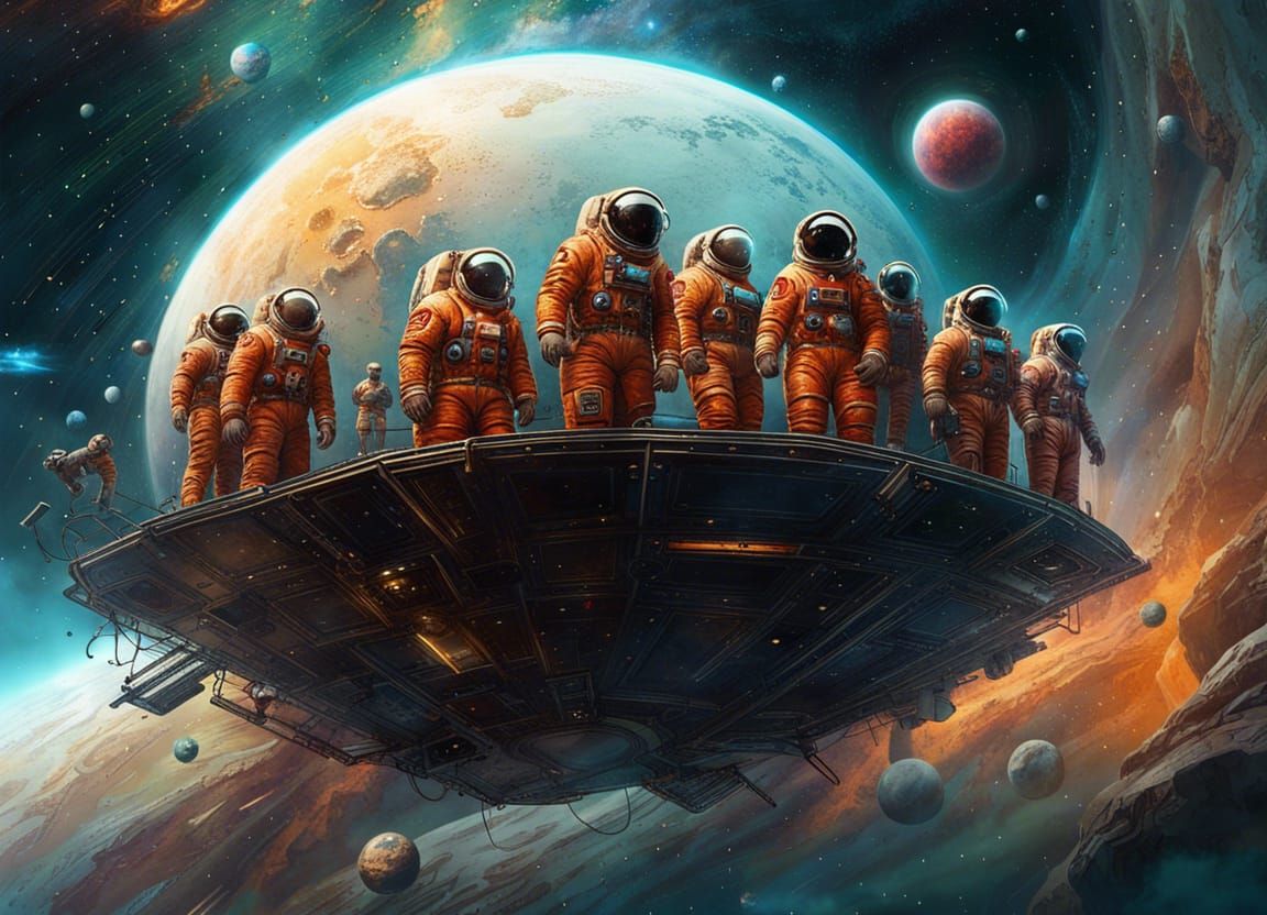 Astronaut Team Amidst Nebulae and Stars