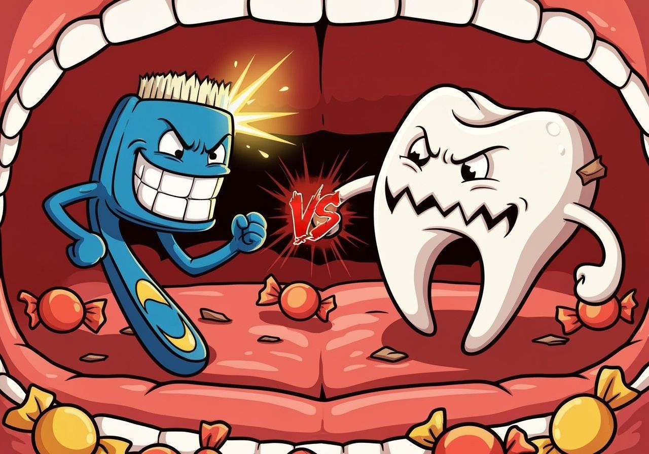 Heroic Toothbrush Battles Evil Molar in Mouth