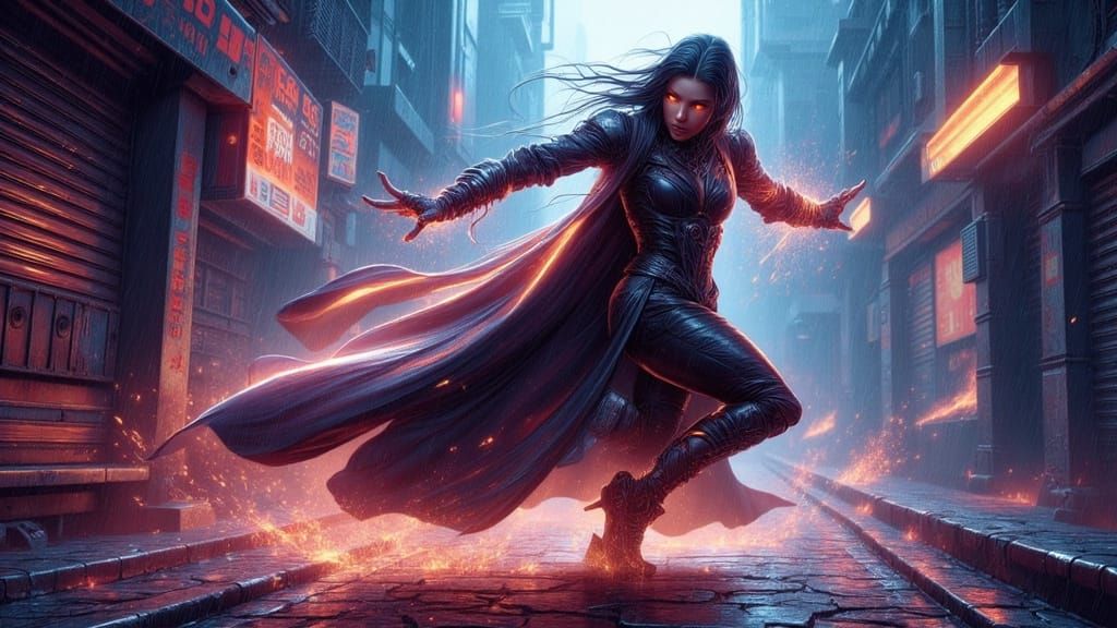 Cyberpunk Warrior Spin Kick in Rainy Alley