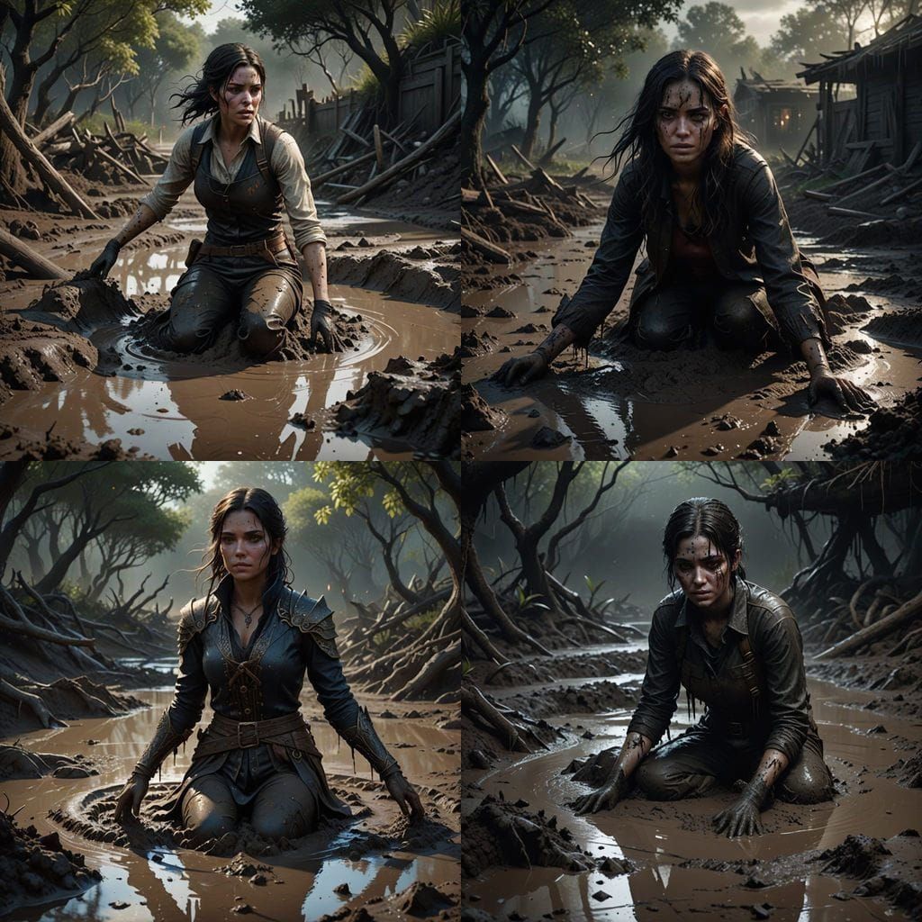 Dark-Haired Girl Sinks Into Mud Pit Fantasy Art