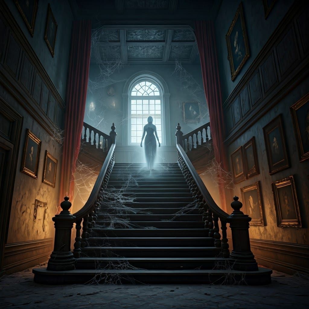 Haunted Staircase with Ghostly Figure, Fantasy Concept Art