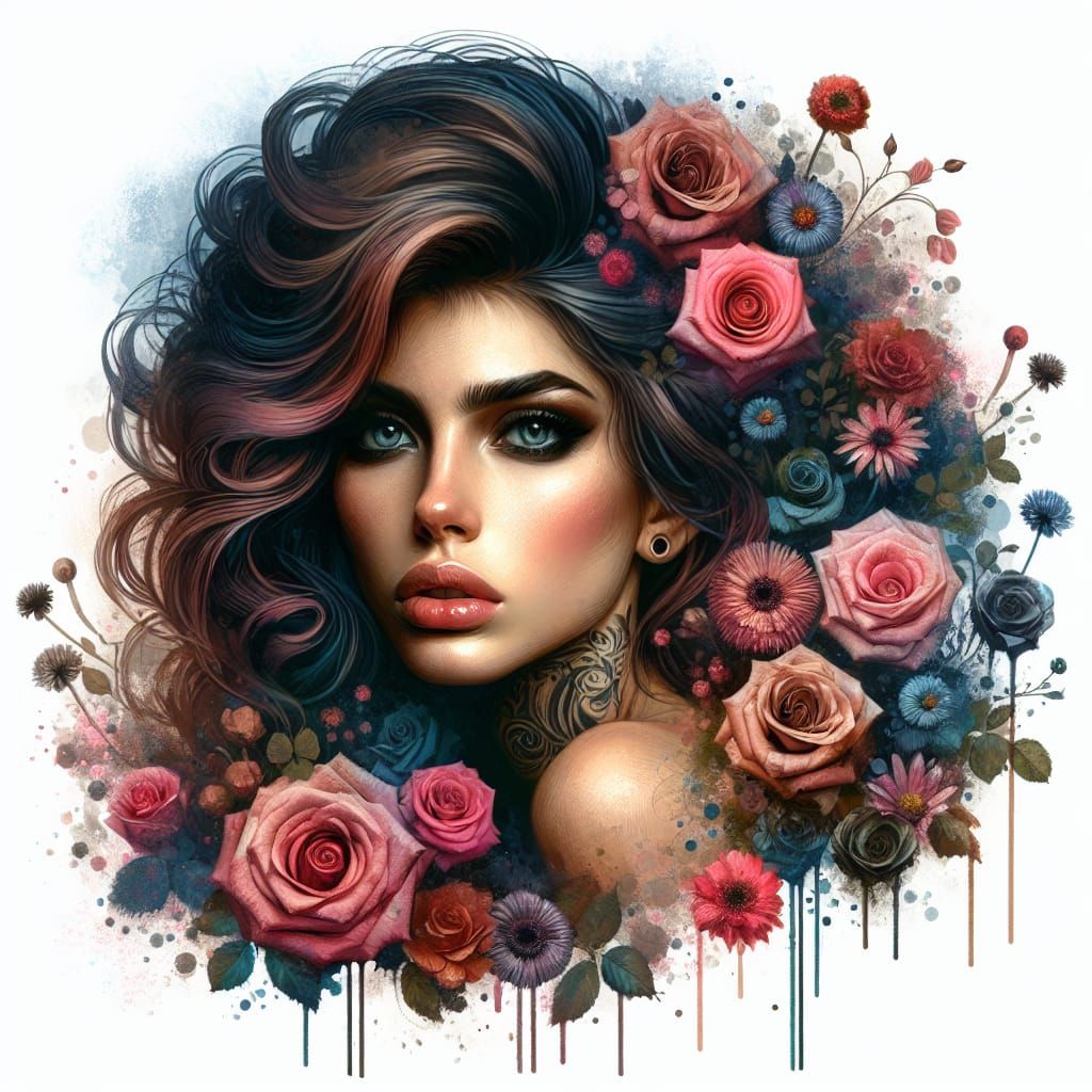 Bohemian Woman in Mysterious Oil Portrait with Roses
