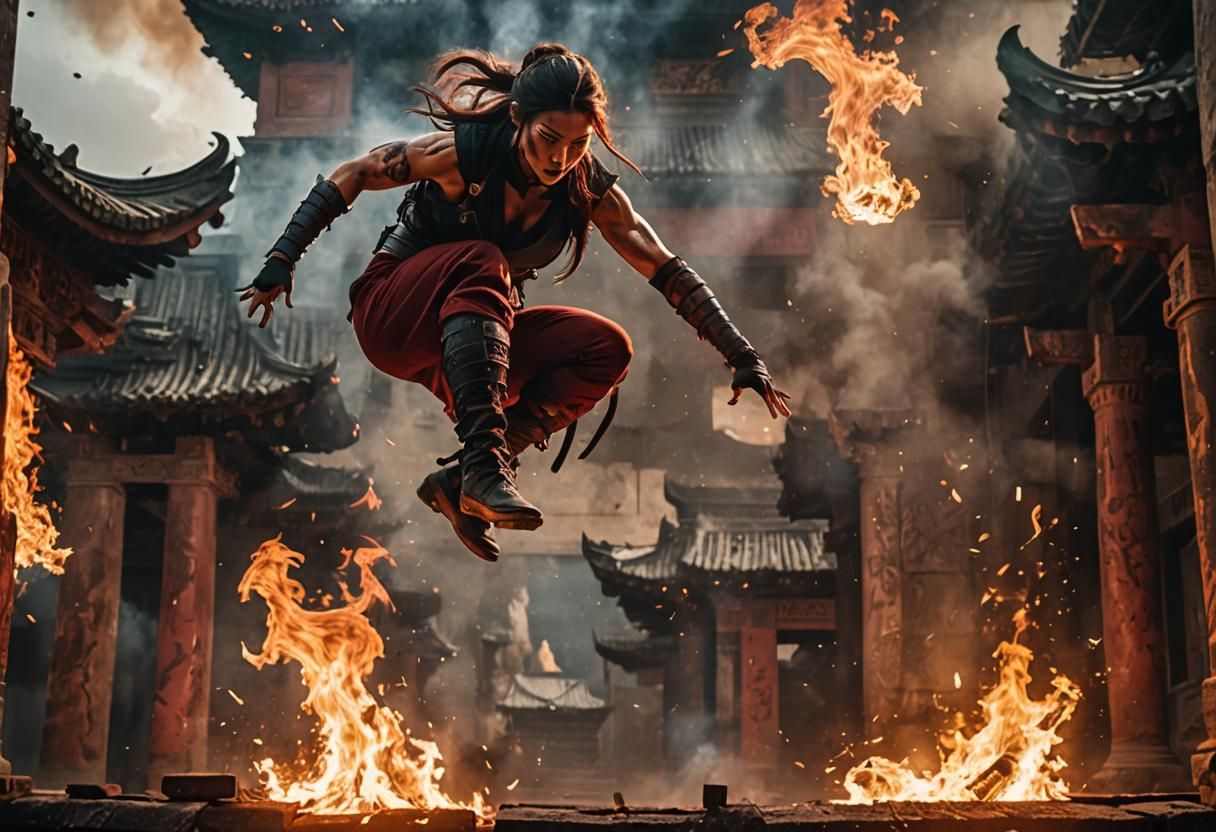 Ninja Woman Leaping from Burning Temple Roof