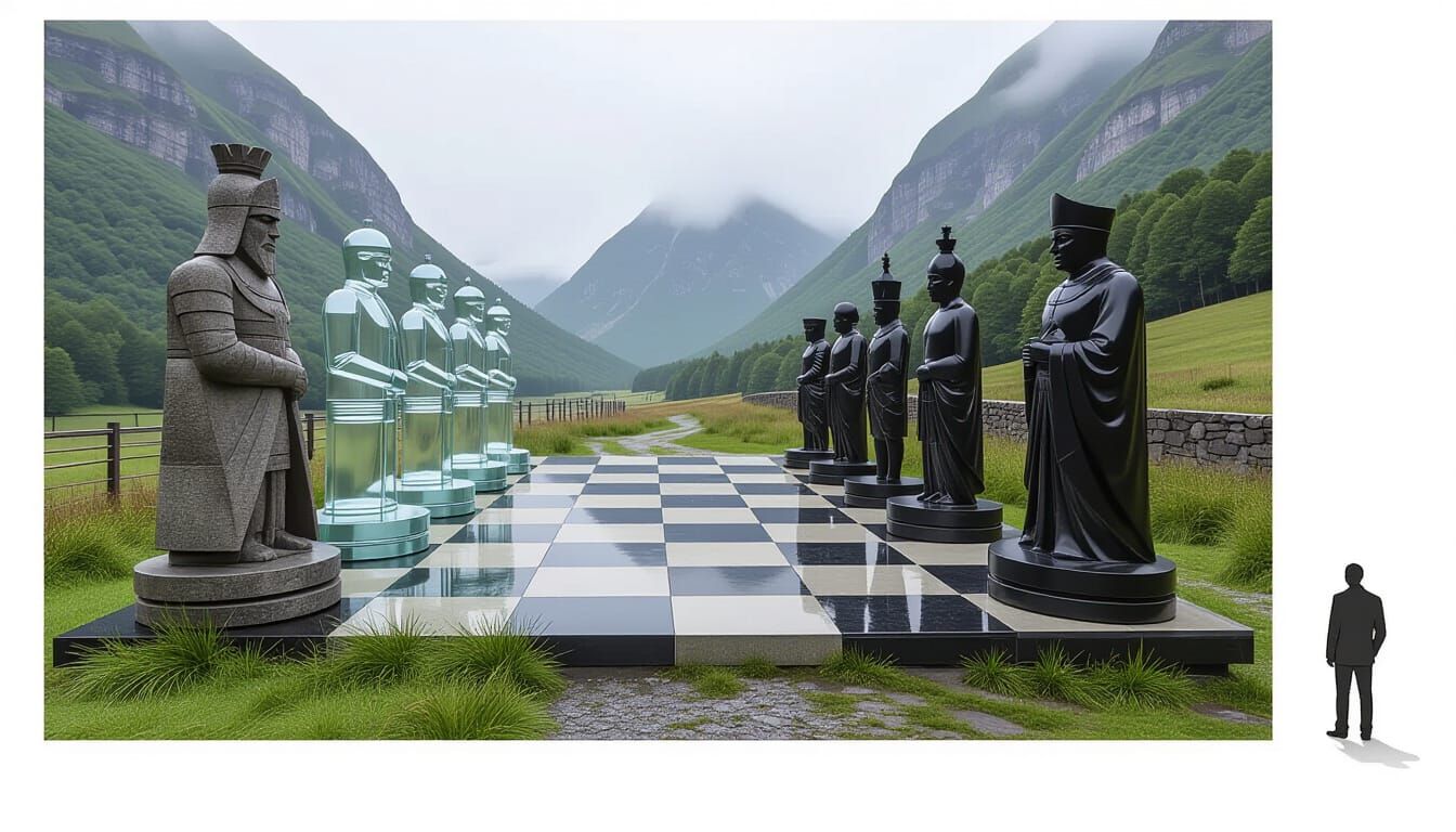 Giant Stone and Glass Chess Pieces in Misty Valley