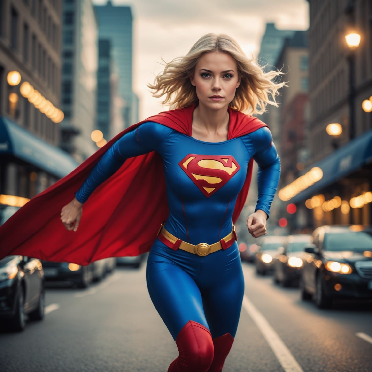 Blonde Superhero in Tight Bodysuit with Cape, Shot in Profes...