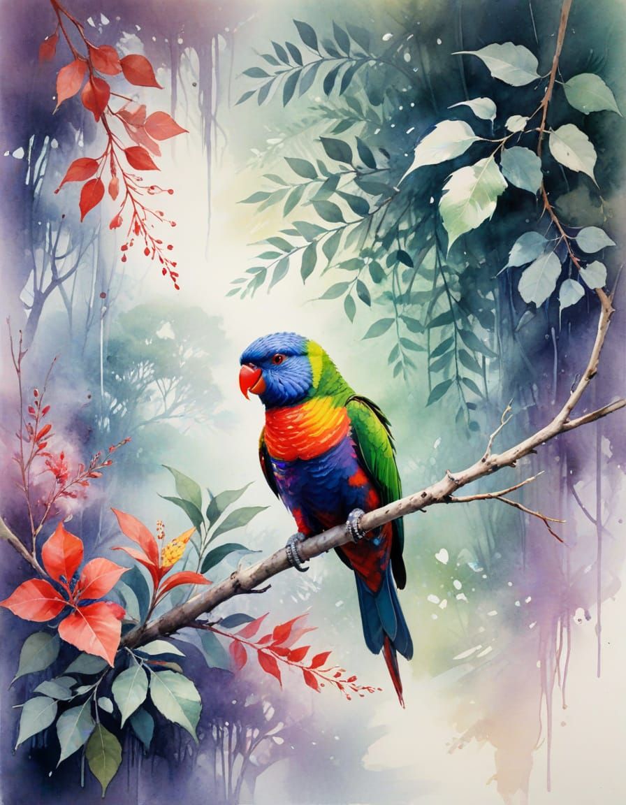 Rainbow Lorikeet on Eucalyptus Branch in Watercolor Style