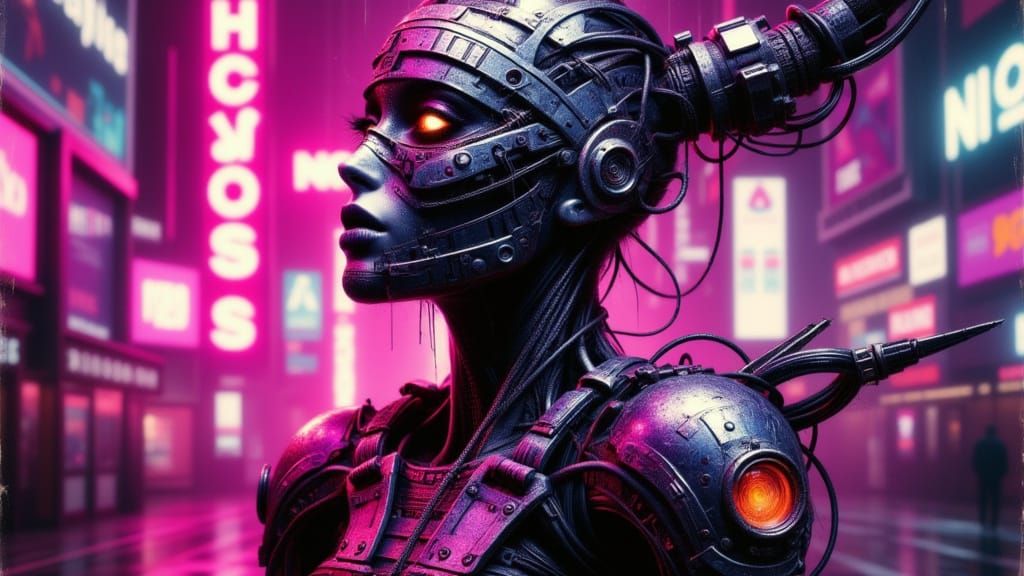 Galactic Cyborg Model in Neon-Lit Futuristic Fashion