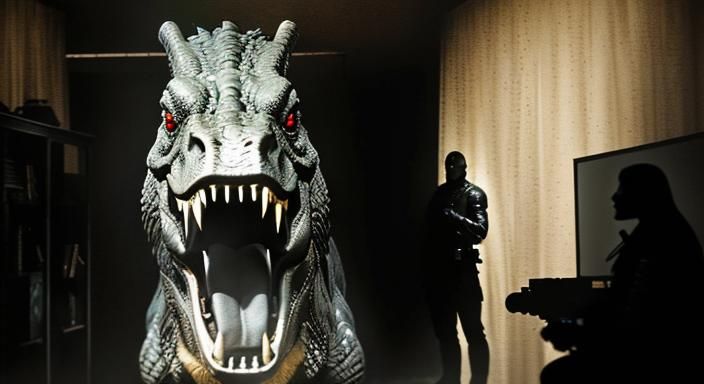 T-Rex in Living Room: Cinematic Jurassic Photo