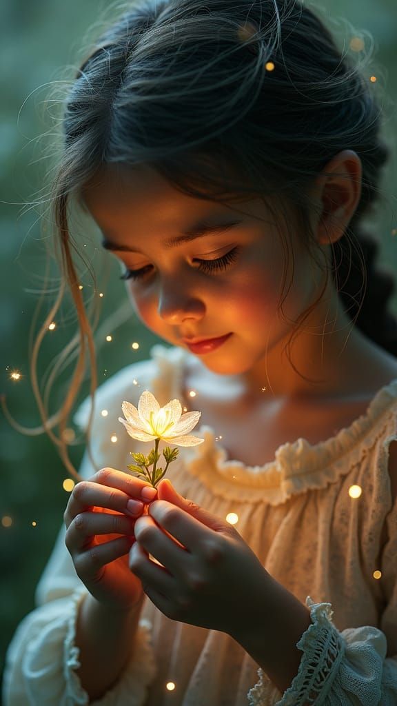 Girl Nurturing Flower with Magical Aura, Photorealistic HDR