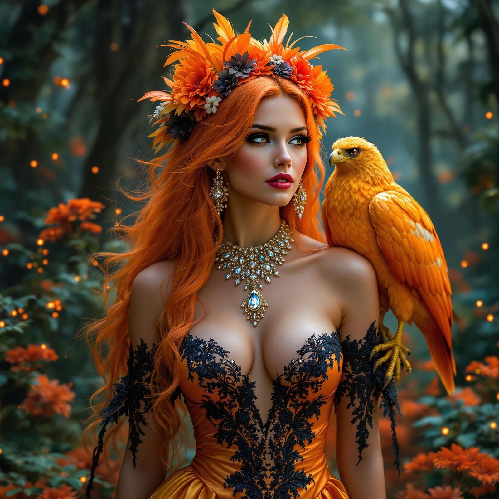 Surreal Goddess in Mystical Forest with Neon Ostrich Feather...
