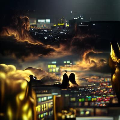 Demon and Angel Over City at Night