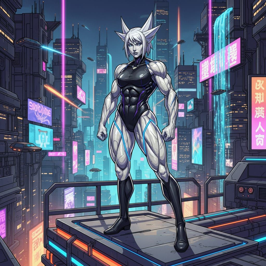 Cyberpunk Bodybuilder on Futuristic Platform