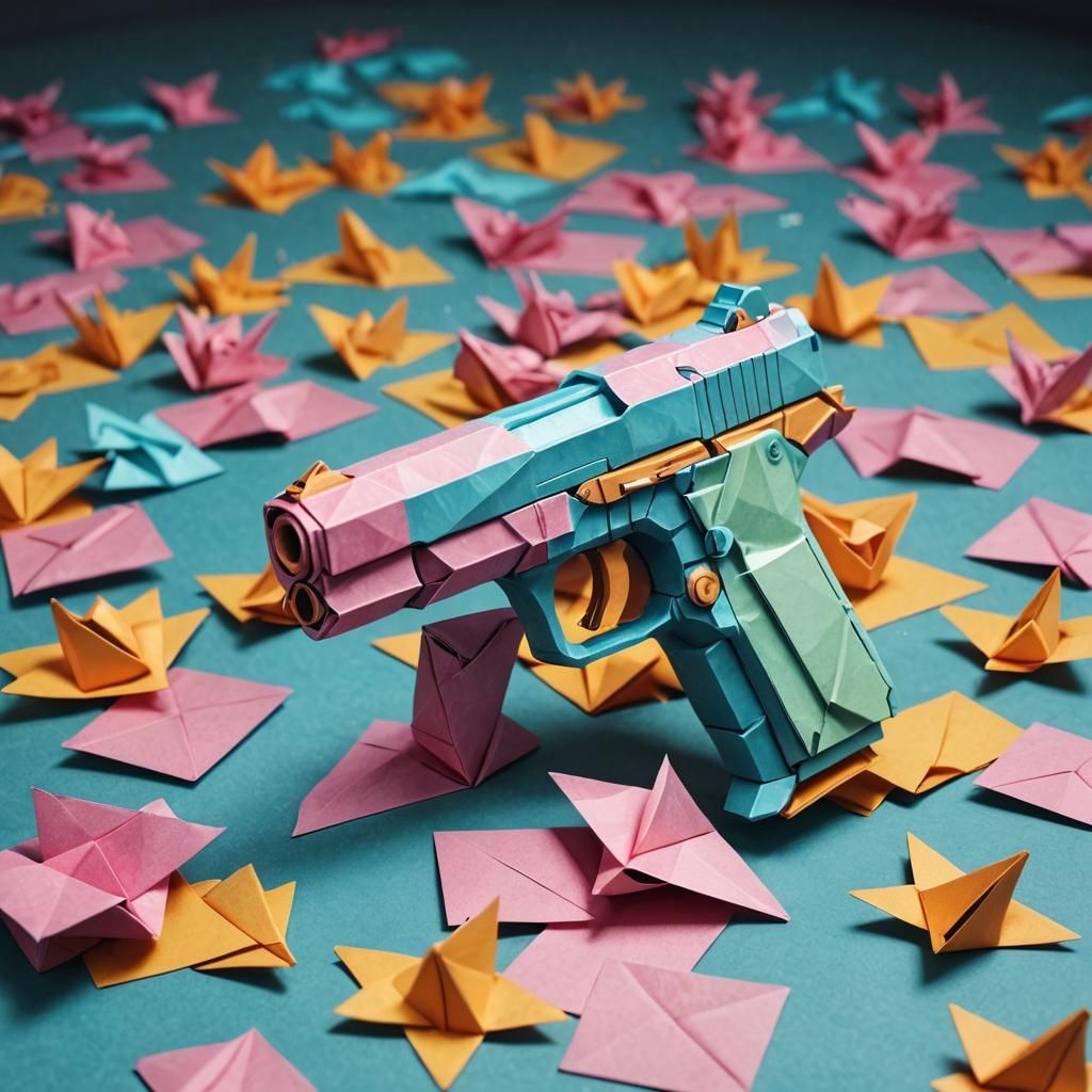 Origami Gun Papercraft in Colorful Comic Art Style