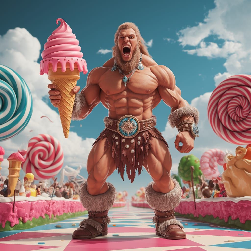 Muscular Barbarian with Ice Cream in Candy Land