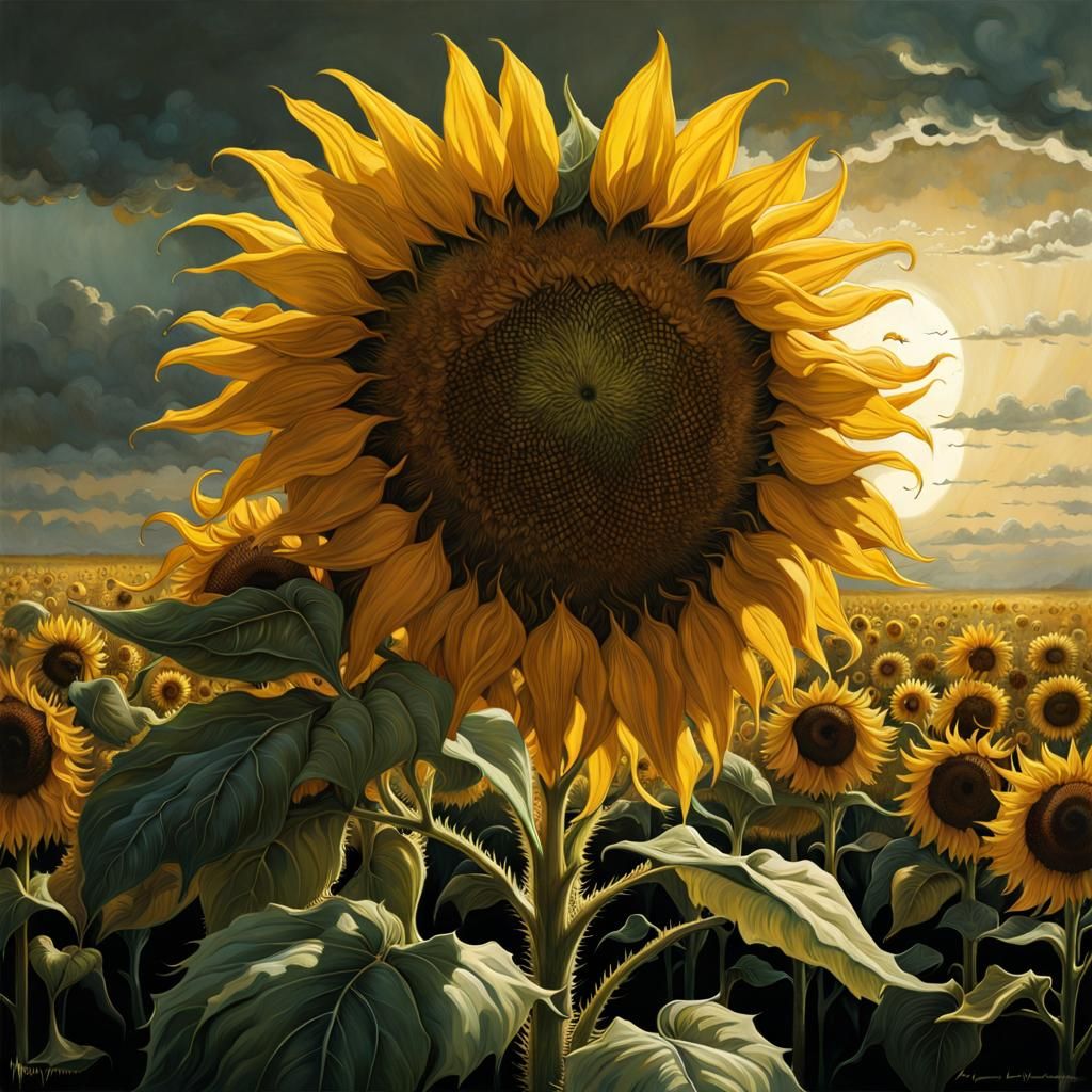 Sunflower Monster Chasing Sun: Photorealistic Acrylic Waterc...