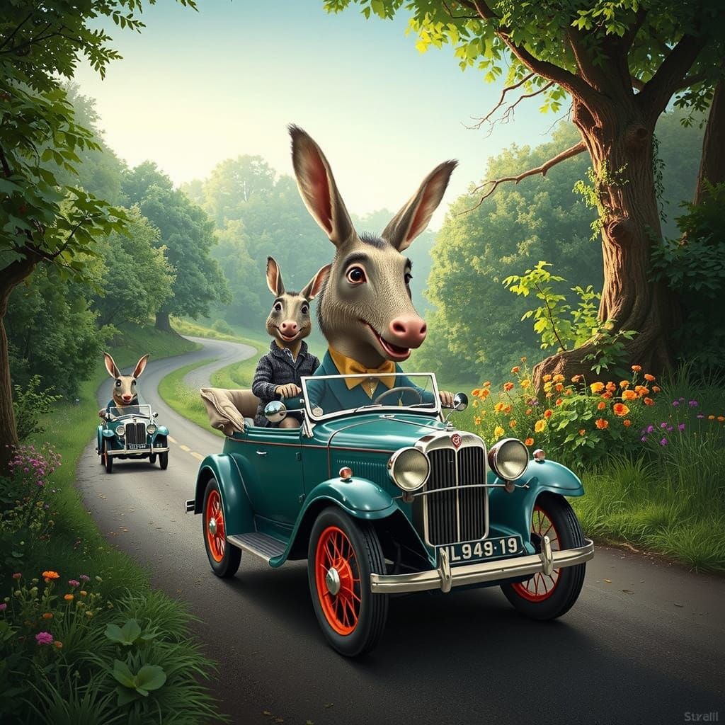 Anthropomorphic Aardvarks Driving Antique Cars in Cartoon St...