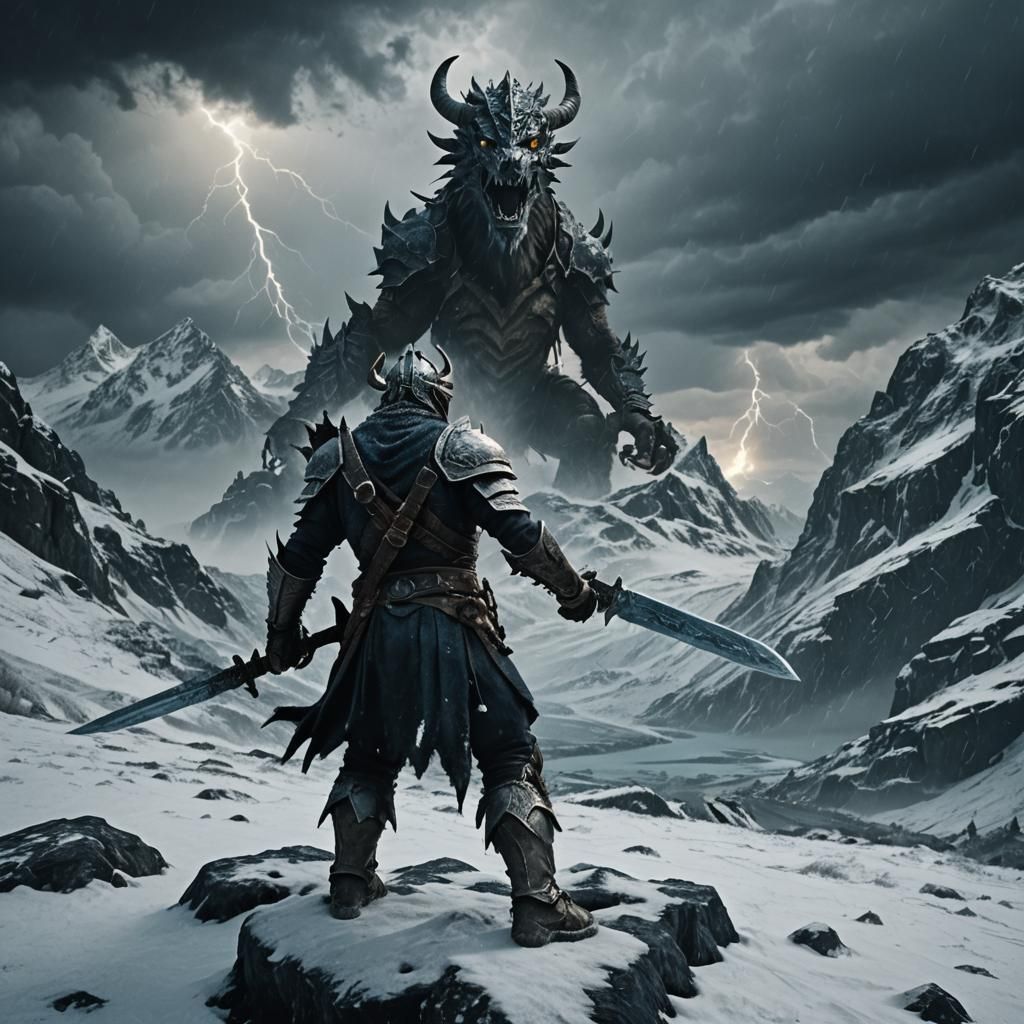 Dragonborn in Skyrim Wilderness Storm, Cinematic Film Still