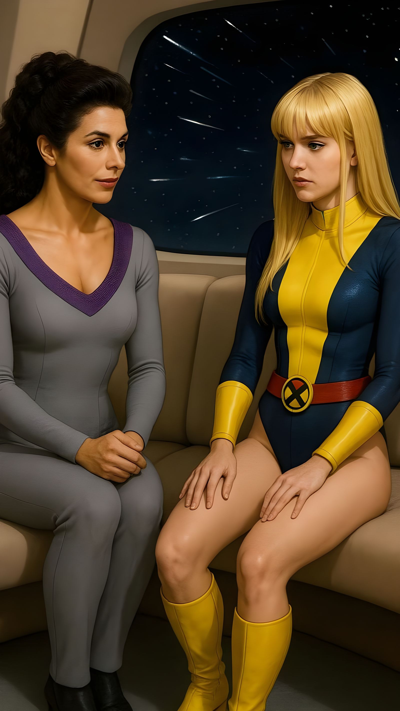 Deanna Troi and Magik in Futuristic Starship Lounge
