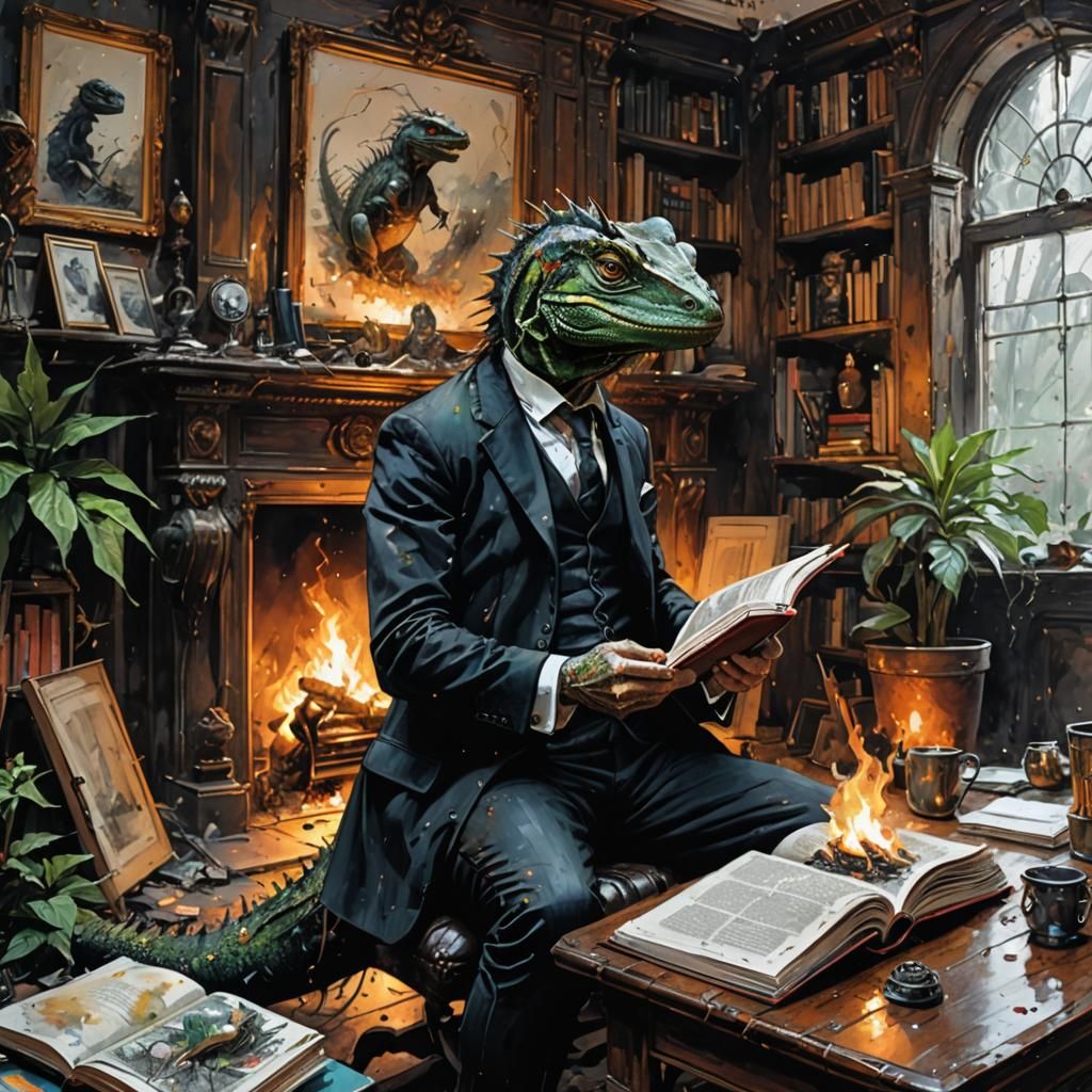 Lizard in Suit Reads Dinosaur Book, Griffiths-Style