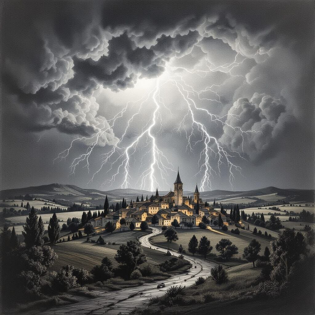 A thunderstorm at night with lightning illuminating a villag...