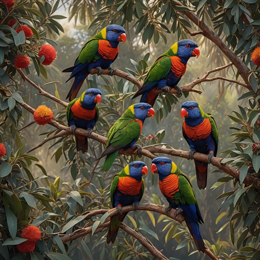 Rainbow Lorikeets Preening in Red Bloom: Digital Painting
