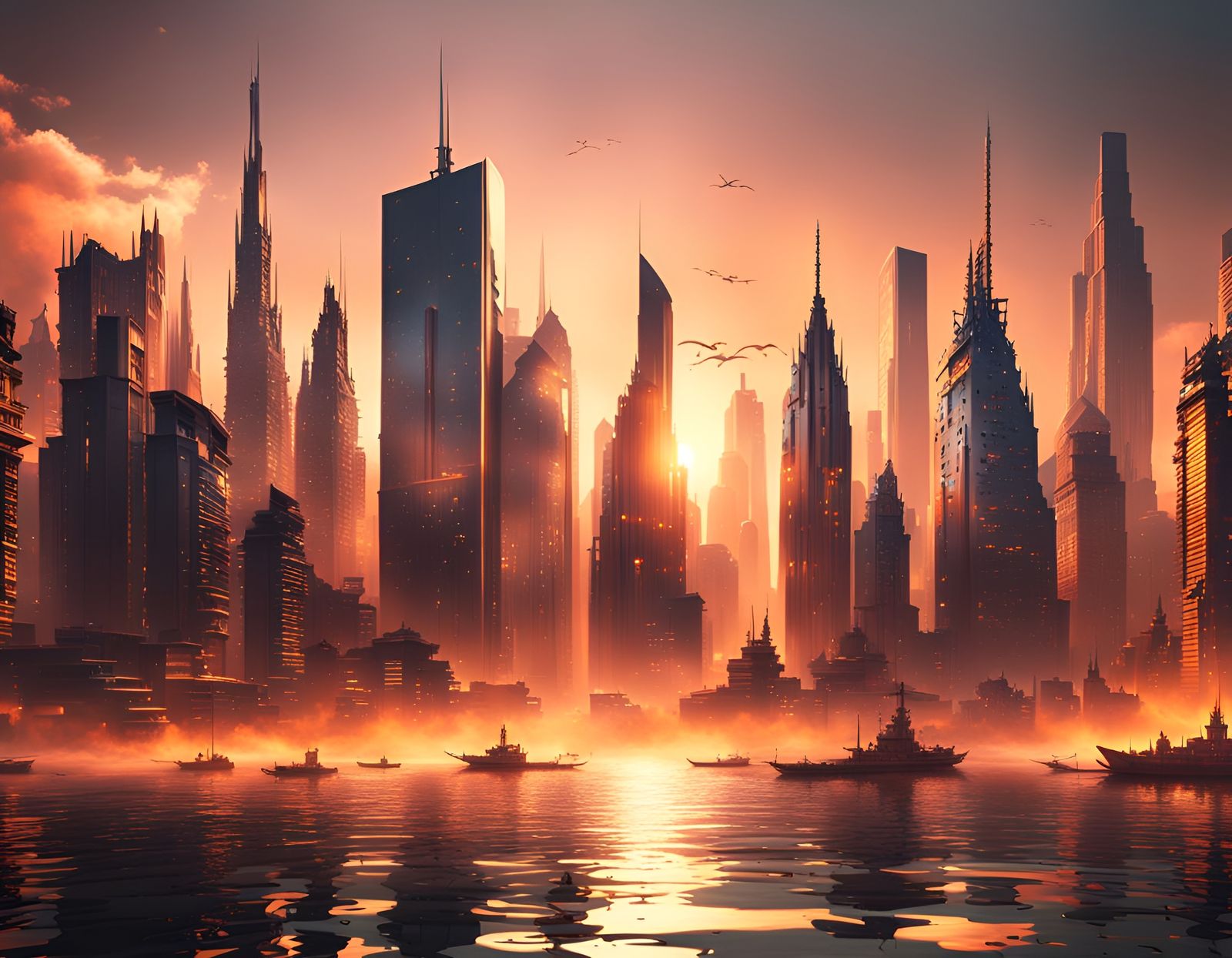 Cityscape Sunset Reflected, Digital Concept Art
