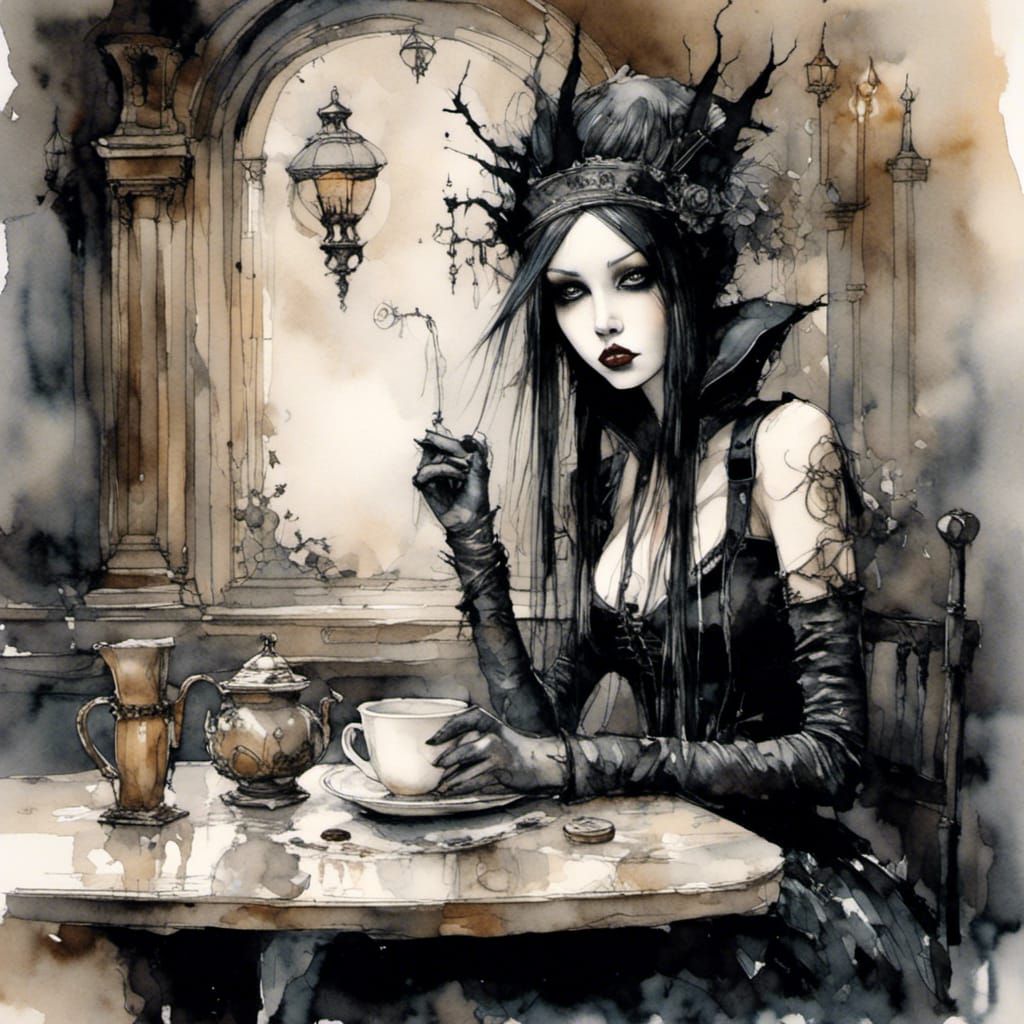 Gothic Punk Girl in Decadent Cafe: Watercolor Art